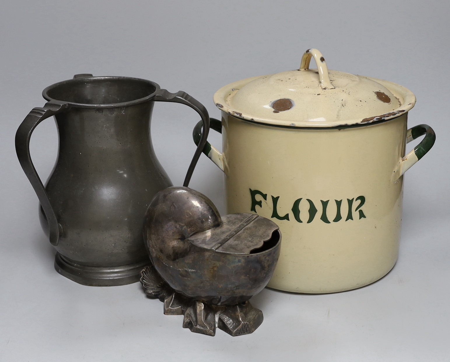 A pewter tyg and two other items, tyg 20cms high